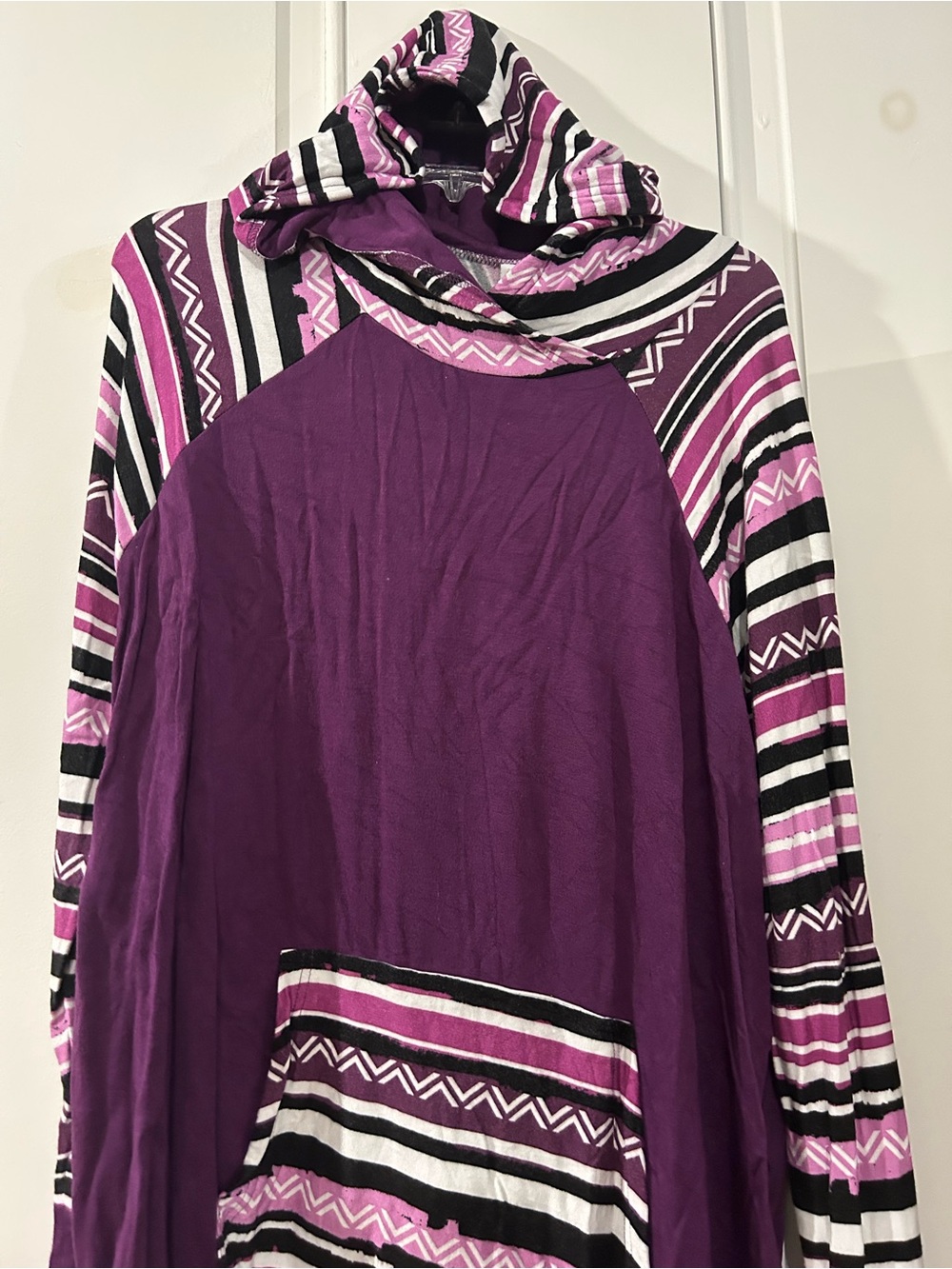 LuLaRoe Purple Hooded Top with Pink, Black and White Stripes